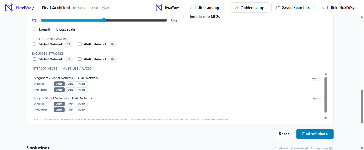 NexiWay Deal Architect showing ranked Private Line solutions between two endpoints
